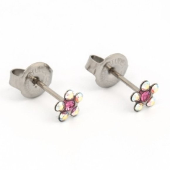 Studex Stainless Steel Daisy with AB Crystal and OCT Rose Ear Piercing Earrings - Picture 2 of 7